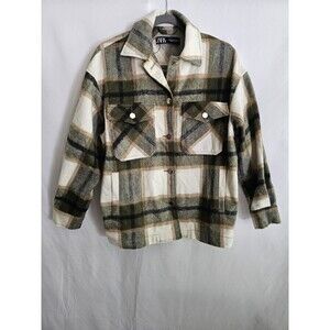 Zara Women’s Plaid Button Front Blend Shacket Jacket Green Beige Size XS